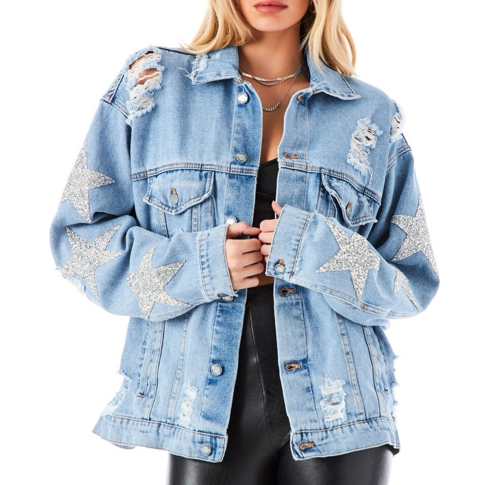 Carmar Light Washed Oversized Blue Denim Jacket with Silver Stars